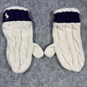 VTG Ralph Lauren Cable Knit‎ Mittens Gloves Cream Navy Logo Cotton Toddler Kids